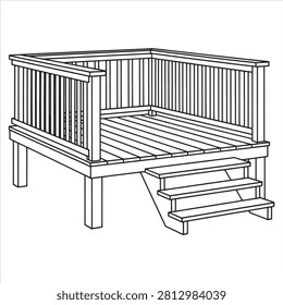 Elevated wooden deck with built-in seating and stairs