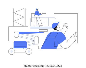 Elevated worksite abstract concept vector illustration. Construction worker stands on telescopic aerial lift, industrial transport, heavy machinery, aerial work platform abstract metaphor.
