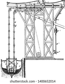 Elevating Apparatus who reported that Archimedes built his first elevator, vintage line drawing or engraving illustration.