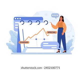 Elevar el rendimiento de la empresa de un estándar a otro especial. Una mujer segura de sí misma muestra un gráfico en alza, destacando el crecimiento y la optimización de los negocios. Transición de ordinario a excepcional. Vector plano