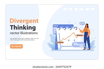 Elevar el rendimiento empresarial de estándar a especial. Una mujer segura de sí misma muestra un gráfico en ascenso, que destaca el crecimiento y la optimización del negocio. Transición de normal a excepcional. Vector plano