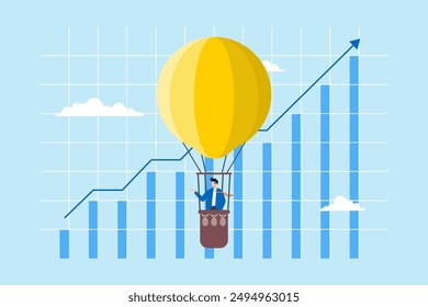 Elevar las estrategias de negocio, la visión estratégica, el éxito impulsado por los datos, alcanzar nuevas alturas del mercado y la Ilustración vectorial de conceptos. Analista pilotando globo aerostático con gráficos financieros
