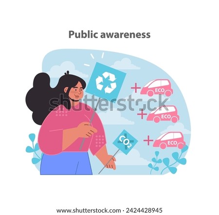 Elevating eco-awareness. A creative portrayal of public engagement in electric car adoption and the positive environmental ripple effect. Flat vector illustration.