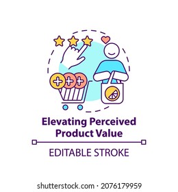 Elevating Perceived Product Value Concept Icon. Strong Brand Abstract Idea Thin Line Illustration. Brand Advertising. Product Public Perception. Vector Isolated Outline Color Drawing. Editable Stroke