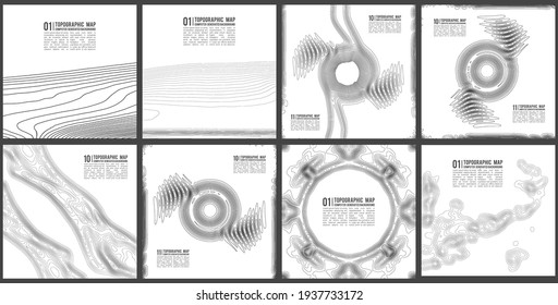 Líneas de altura del contorno gráfico de elevación. Textura de patrón topográfico. Mapa sobre el terreno vectorial. Líneas de altura del contorno gráfico de elevación. Conjunto de vectores.