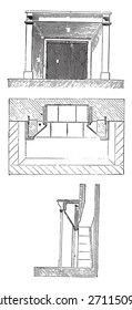 Elevation, Plan und Sektion, vintage gravierte Illustration. Industrielle Enzyklopädie E.-O. Lami - 1875. 