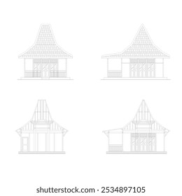Elevación y croquis de sección del edificio Joglo