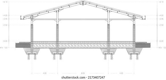 Elevation and section sketch of steel construction in a building