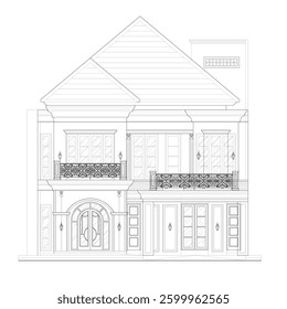 elevation sketch or 2d front view of a luxurious and large house with a classic concept