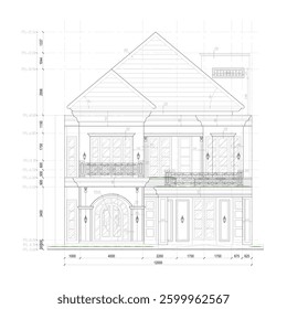 elevation sketch or 2d front view of a luxurious and large house with a classic concept