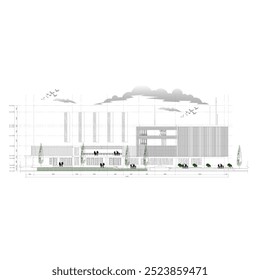 Esboço de elevação ou vista frontal do edifício para shoppings, apartamentos, grandes escritórios completos com elevação e dimensões