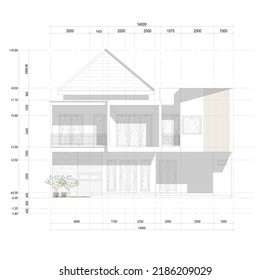 elevation sketch or front view of a large and luxurious house with a modern minimalist concept