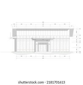 elevation sketch or front view of an open space industrial-style building with lots of glass from the windows and doors, this building is suitable for markets, offices, cafes, shops and others