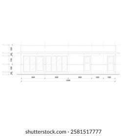 elevation sketch or front view of a small building for a shop, minimarket, clinic