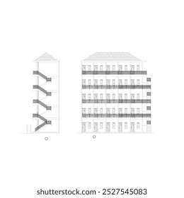 Croquis de elevación de un edificio de varios pisos