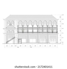Elevation sketch of a school building or Islamic boarding school with an Islamic or Arabic concept