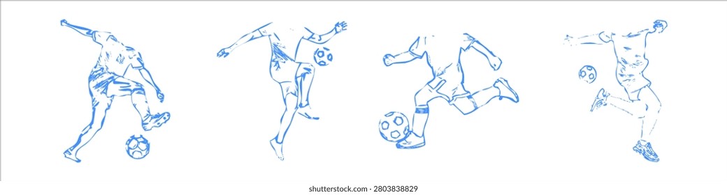 Elevation style sketch collection of soccer player footwork and ball control actions.