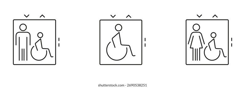Symbolsatz für die Zugänglichkeit des Aufzugs. Inklusives Design und Rollstuhlfahrer-Symbol-Sammlung. Universeller Zugang und Mobilitätsunterstützung. Bearbeitbarer Strich. Isolierte Vektorgrafik.
