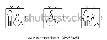 Elevator Accessibility Icon Set. Inclusive Design And Wheelchair Access Symbol Collection. Universal Access And Mobility Support. Editable Stroke. Isolated Vector Illustration.