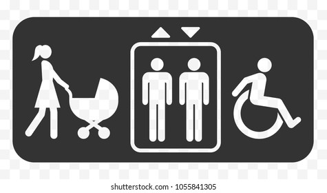 Elevator accessibility sign. Lift, mother with baby stroller, disabled icons.