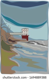 elevator ashore trees stones waves