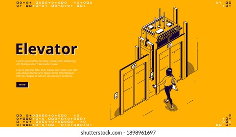 Elevator banner. Modern passenger transportation inside house or office building. Vector landing page of elevator with isometric illustration of woman waiting lift at sliding doors