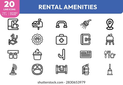 Elevator, bicycle, showerhead, parking, lamp, chair, pet, firstaid, safe, tablet, grill, toolbox, recycling, scissors, antenna, bed, fireextinguisher, and and vacuum for vacation home amenities and property management.