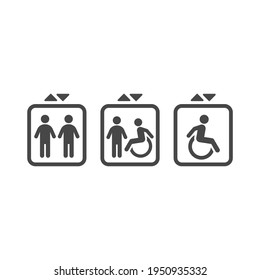 Elevator black vector icon. Lift with people and for disabled sign.