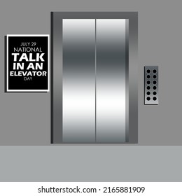 An elevator in a building with silver decorations and a bulletin board containing bold text, National Talk in an Elevator Day July 29