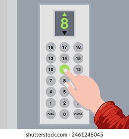 Elevator Button Panel and Hand Pressing Lift Buttons: Hand Press the Elevator Lift Floor Button. Vector.