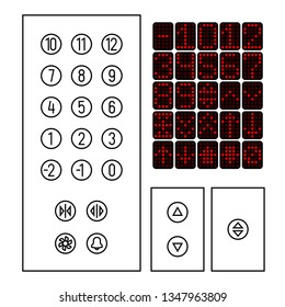 Elevator buttons icon set. Elements of elevator interior interface in a thin line style. Cabin led indicator. Adjustable stroke outline width.