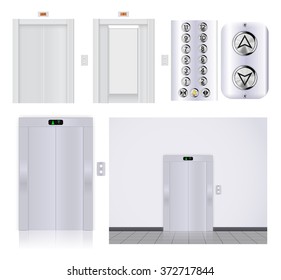 Elevator buttons panel. Elevator with open doors and with closed doors. Vector illustration isolated on white background