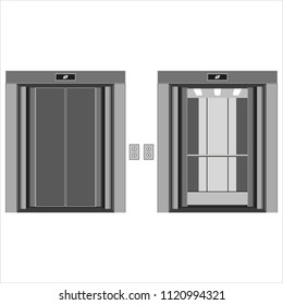Elevator cabin with open and closed doors. Isolated on white background. Vector illustration.