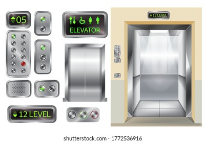 Elevator cabin with open and closed doors inside view, isolated 3d vector illustration. Realistic empty lift with metal buttons, digital panel with lights, arrows and man, woman and disabled icon.