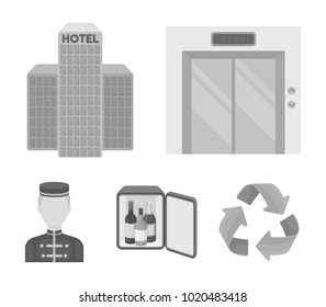 Elevator car, mini bar, staff, building.Hotel set collection icons in monochrome style vector symbol stock illustration web.