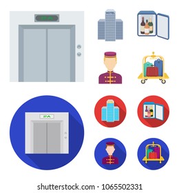 Elevator car, mini bar, staff, building.Hotel set collection icons in cartoon,flat style vector symbol stock illustration web.