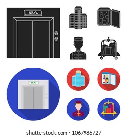 Elevator car, mini bar, staff, building.Hotel set collection icons in black, flat style vector symbol stock illustration web.