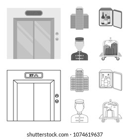 Elevator car, mini bar, staff, building.Hotel set collection icons in outline,monochrome style vector symbol stock illustration web.
