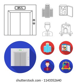 Elevator car, mini bar, staff, building.Hotel set collection icons in outline,flat style vector symbol stock illustration web.