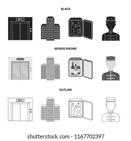Elevator car, mini bar, staff, building.Hotel set collection icons in black,monochrome,outline style vector symbol stock illustration web.