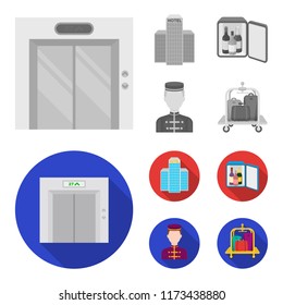 Elevator car, mini bar, staff, building.Hotel set collection icons in monochrome,flat style vector symbol stock illustration web.