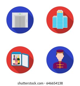 Elevator car, mini bar, staff, building.Hotel set collection icons in flat style vector symbol stock illustration web.