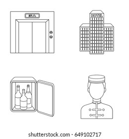 Elevator car, mini bar, staff, building.Hotel set collection icons in outline style vector symbol stock illustration web.