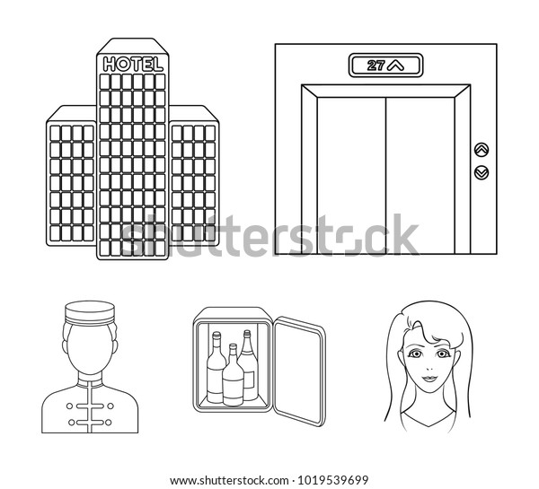 Elevator car, mini bar, staff, building.Hotel set\
collection icons in outline style vector symbol stock illustration\
web.