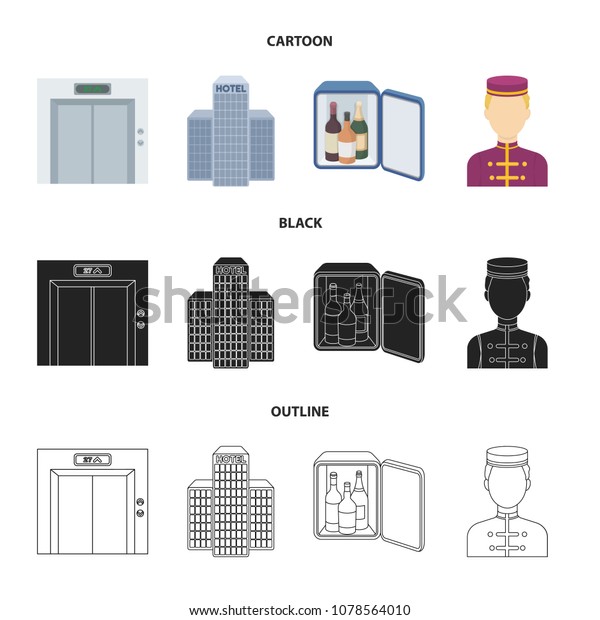 Elevator car, mini bar, staff, building.Hotel set\
collection icons in cartoon,black,outline style vector symbol stock\
illustration web.