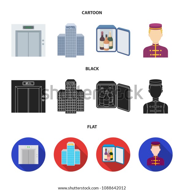 Elevator car, mini bar, staff, building.Hotel set\
collection icons in cartoon,black,flat style vector symbol stock\
illustration web.