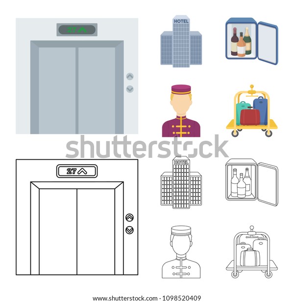 Elevator car, mini bar, staff, building.Hotel set\
collection icons in cartoon,outline style vector symbol stock\
illustration web.