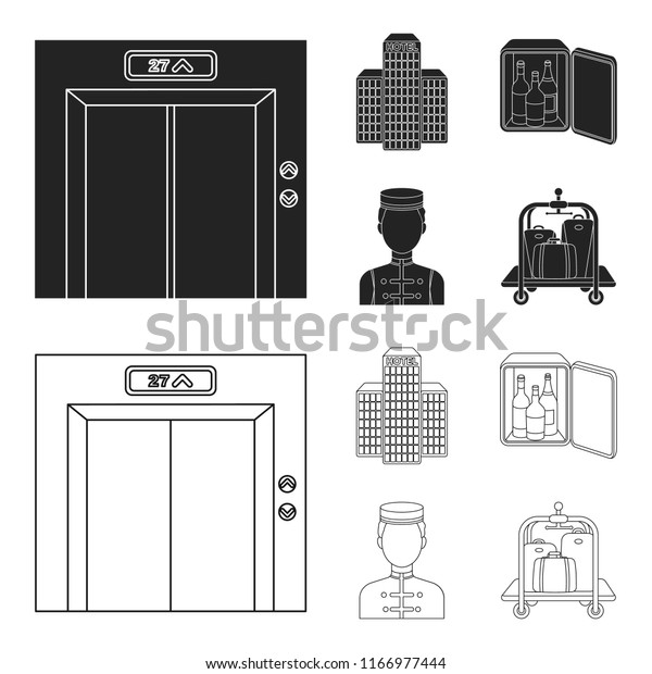 Elevator car, mini bar, staff, building.Hotel set\
collection icons in black,outline style vector symbol stock\
illustration web.