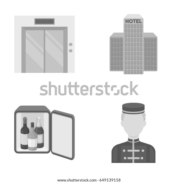 Elevator car, mini bar, staff, building.Hotel set\
collection icons in monochrome style vector symbol stock\
illustration web.