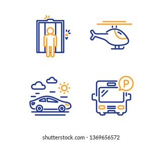 Elevator, Car travel and Helicopter icons simple set. Bus parking sign. Lift, Transport, Copter. Public park. Transportation set. Linear elevator icon. Colorful design set. Vector